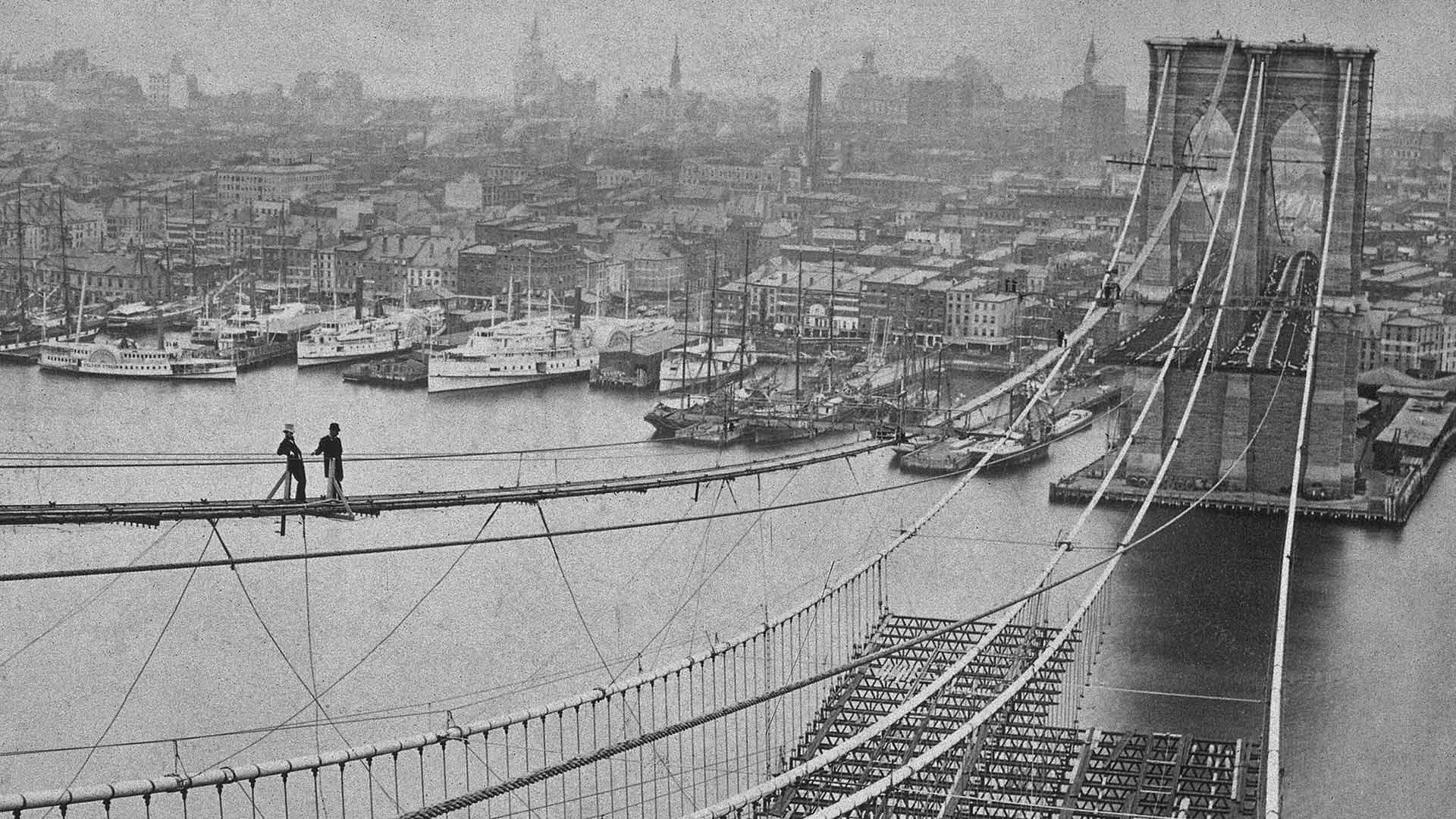 1883年在建设中的布鲁克林大桥,美国纽约 (© World History Archive/Alamy) - 2018/05/24 1883年在建设中的布鲁克林大桥,美国纽约 (© World History Archive/Alamy) - 2018/05/24