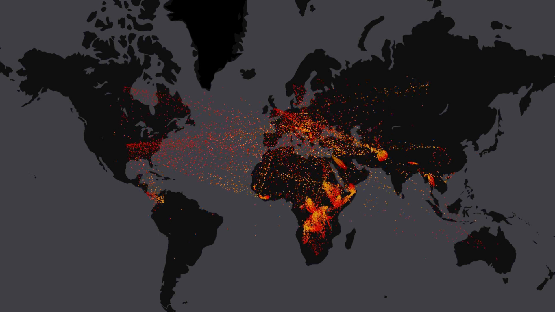 2000年到2016年间全球难民的流动情况 (© Map visualization: Records from UNHCR/EarthTime visualization by Carnegie Mellon CREATE Lab) - 2018/06/20 2000年到2016年间全球难民的流动情况 (© Map visualization: Records from UNHCR/EarthTime visualization by Carnegie Mellon CREATE Lab) - 2018/06/20